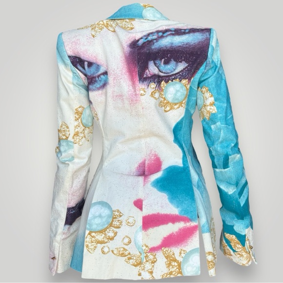 Roberto Cavalli Vintage 2001 Blue & Pink Eyes Printed Blazer Jacket 🩵 - Picture 6 of 15